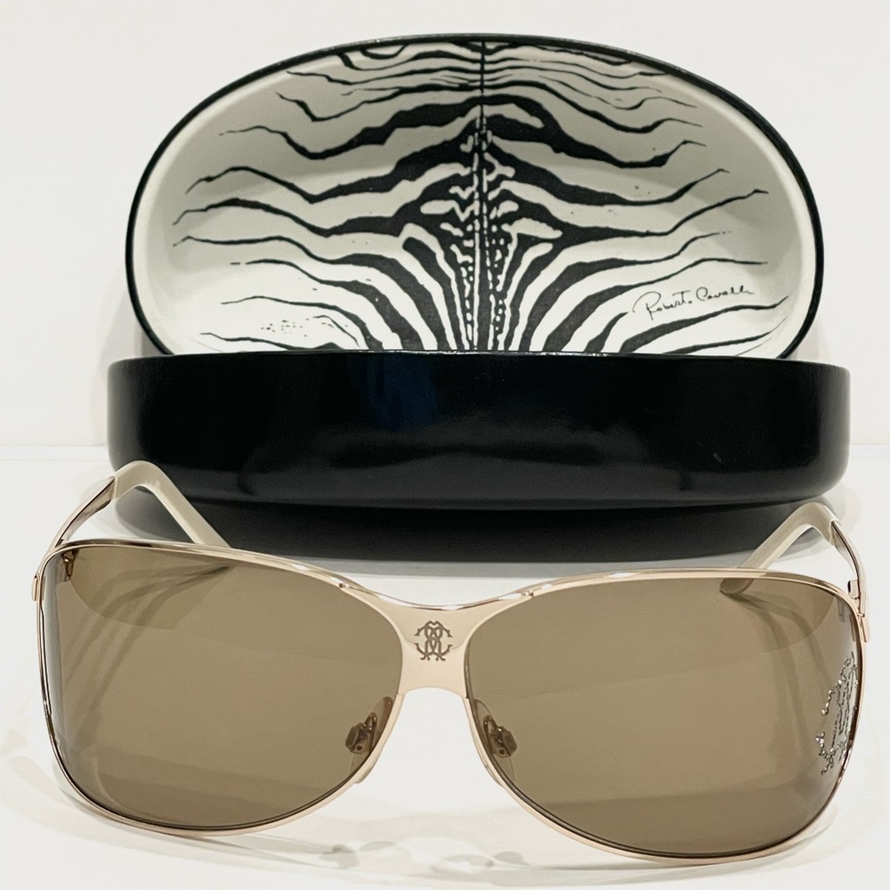 NWOT ROBERTO CAVALLI Crystal Logo Gold n White Aviator Andromaca Sunglasses Y2K